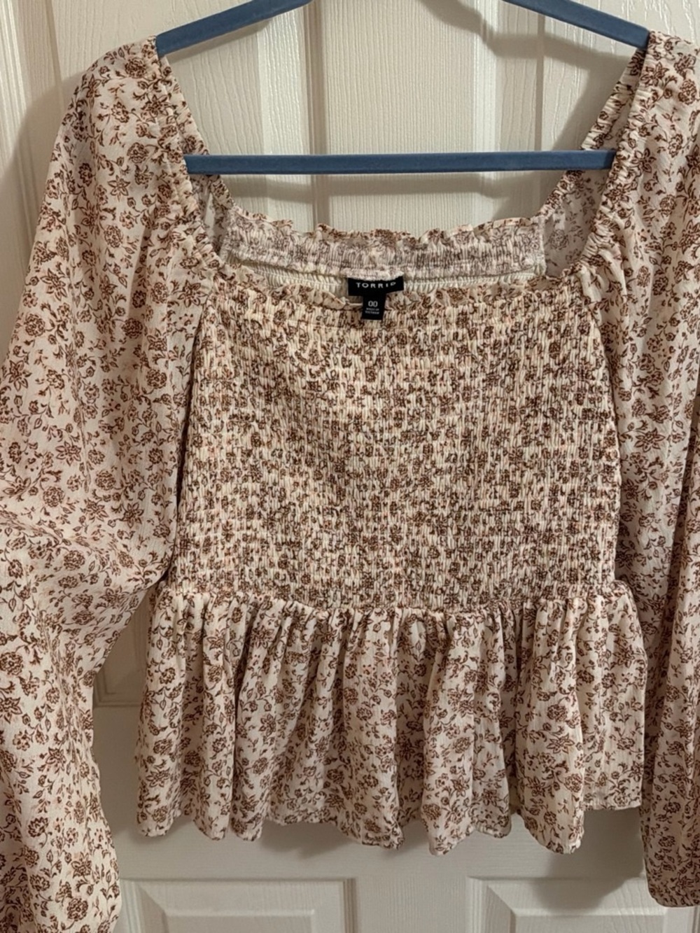 torrid Cream and Brown Floral Smocked Peplum Blouse